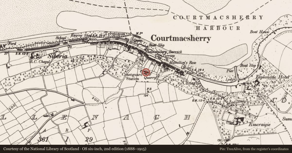 Ordnance Survey six-inch map, 2nd edition (1888–1915) covering the location of Building, Cullenagh, County Cork, with a pin at the register's coordinates
