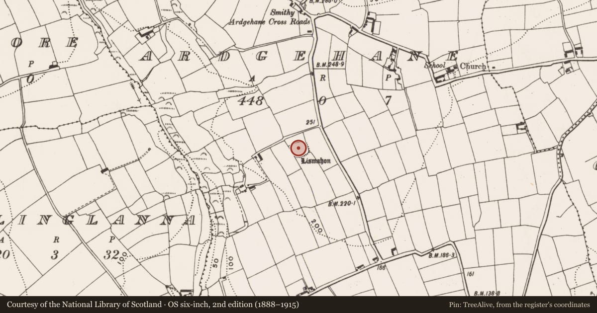 Ordnance Survey six-inch map, 2nd edition (1888–1915) covering the location of Ringfort - rath, Ardgehane, County Cork, with a pin at the register's coordinates