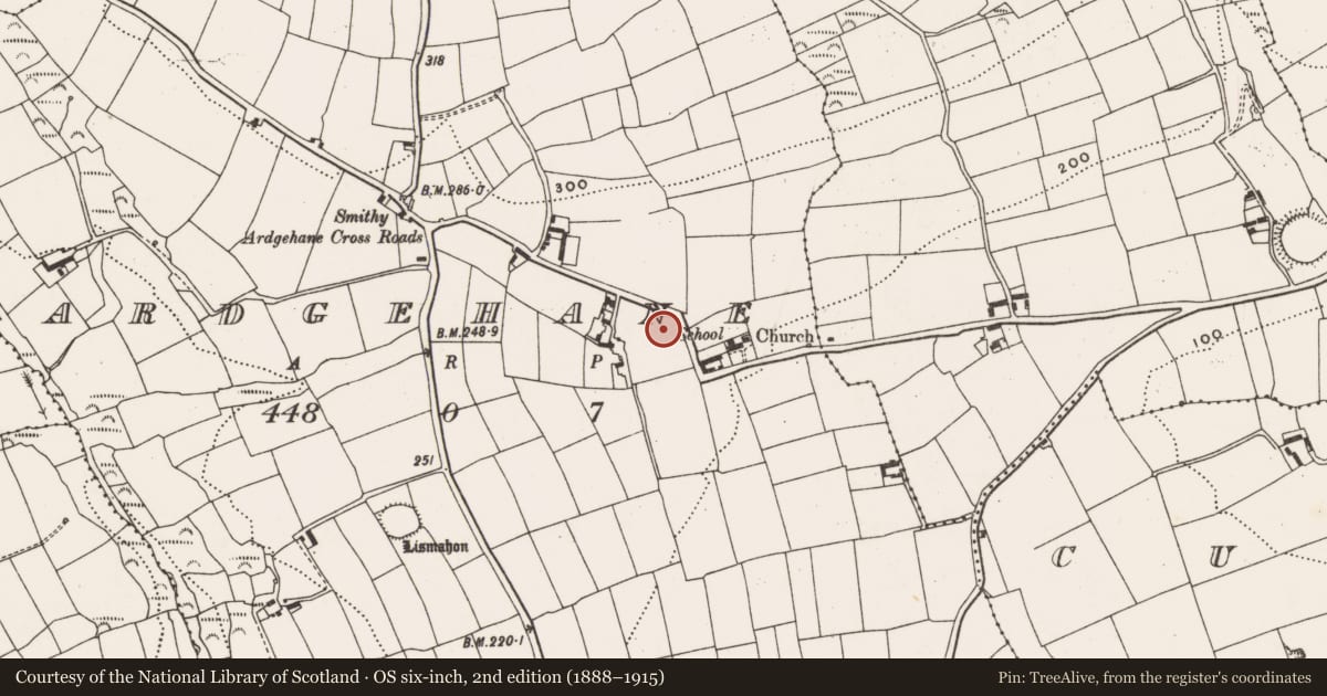 Ordnance Survey six-inch map, 2nd edition (1888–1915) covering the location of Ringfort - rath, Ardgehane, County Cork, with a pin at the register's coordinates