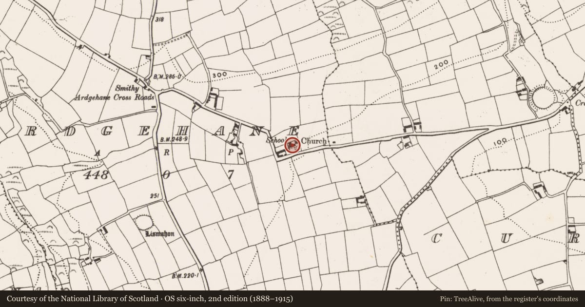 Ordnance Survey six-inch map, 2nd edition (1888–1915) covering the location of Church, Ardgehane, County Cork, with a pin at the register's coordinates
