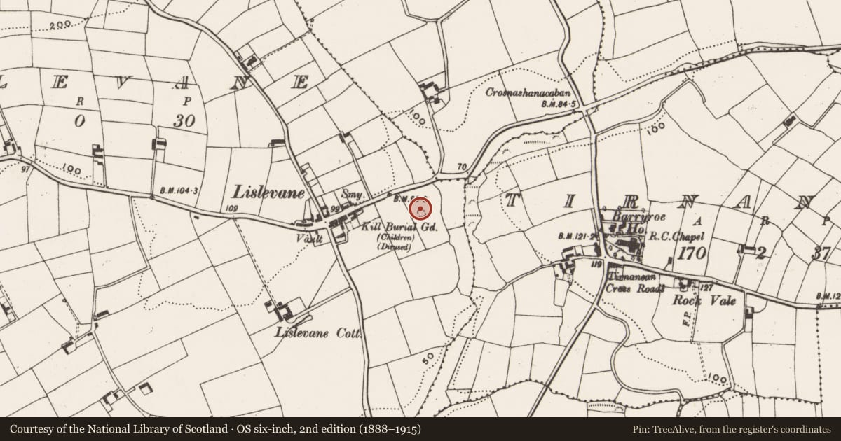 Ordnance Survey six-inch map, 2nd edition (1888–1915) covering the location of Burial ground, Lislevane, County Cork, with a pin at the register's coordinates
