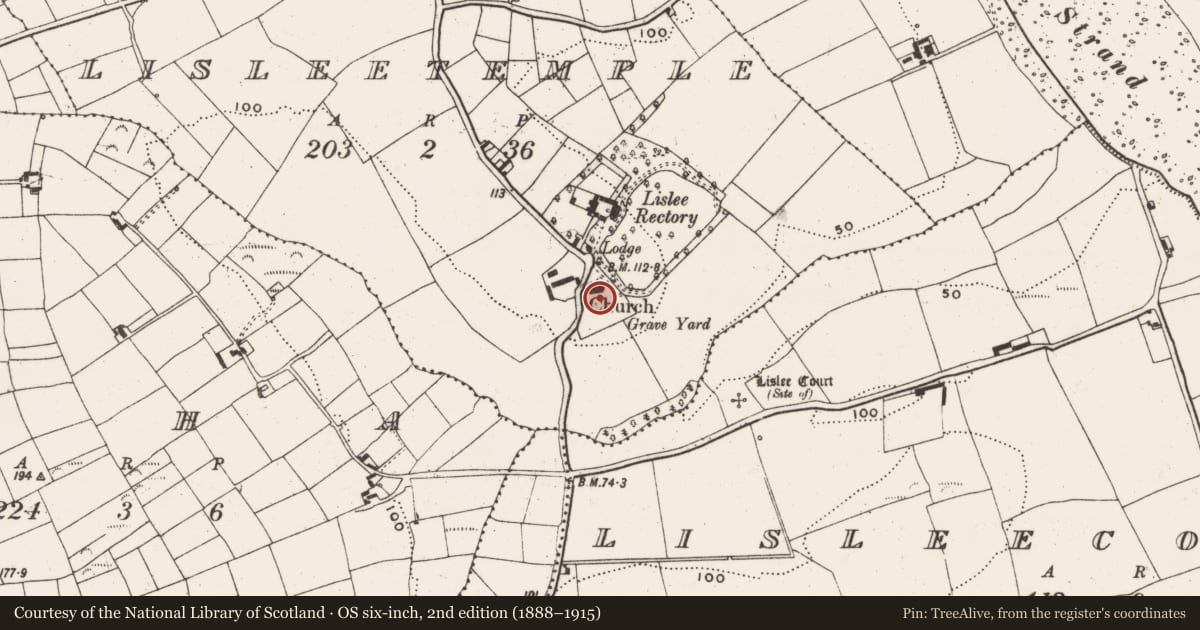 Ordnance Survey six-inch map, 2nd edition (1888–1915) covering the location of Graveyard, Lisleetemple, County Cork, with a pin at the register's coordinates