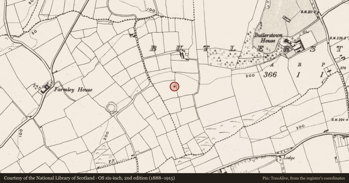 Ordnance Survey six-inch map, 2nd edition (1888–1915) covering the location of Ringfort - rath, Butlerstown, County Cork, with a pin at the register's coordinates