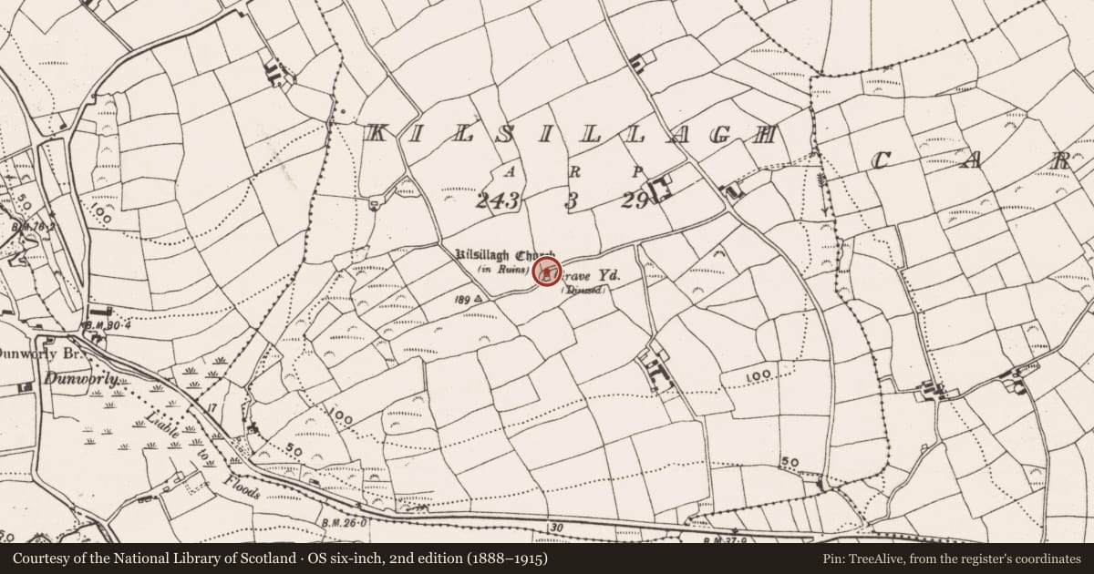 Ordnance Survey six-inch map, 2nd edition (1888–1915) covering the location of Church, Kilsillagh, County Cork, with a pin at the register's coordinates
