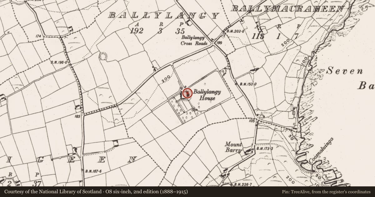 Ordnance Survey six-inch map, 2nd edition (1888–1915) covering the location of Country house, Ballylangy, County Cork, with a pin at the register's coordinates