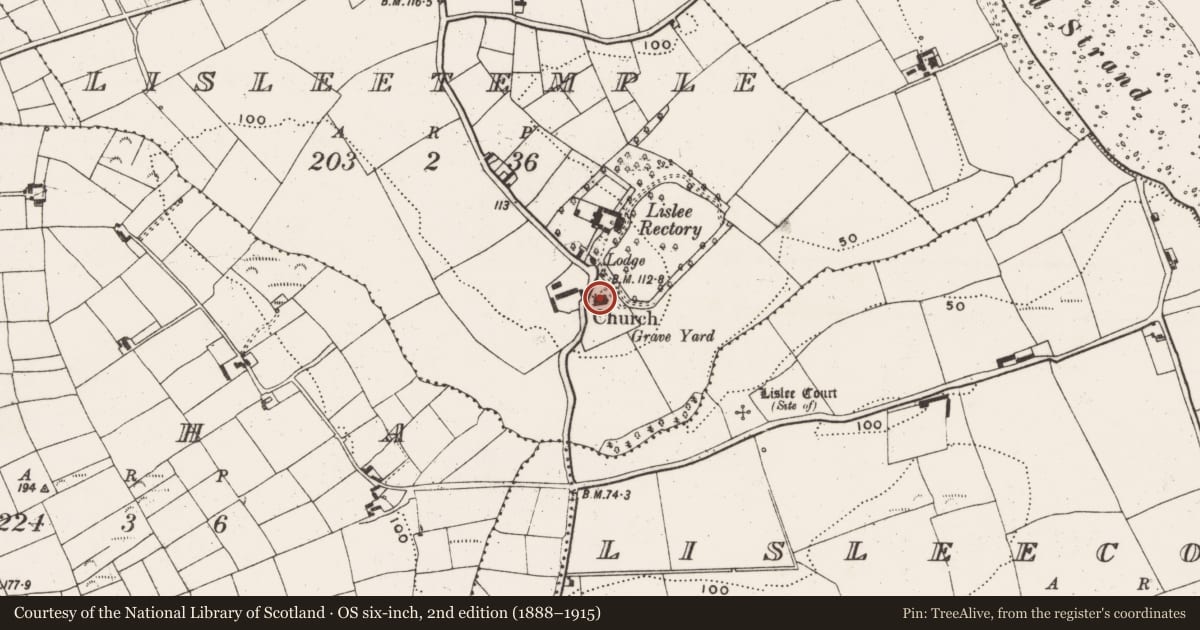 Ordnance Survey six-inch map, 2nd edition (1888–1915) covering the location of Church, Lisleetemple, County Cork, with a pin at the register's coordinates