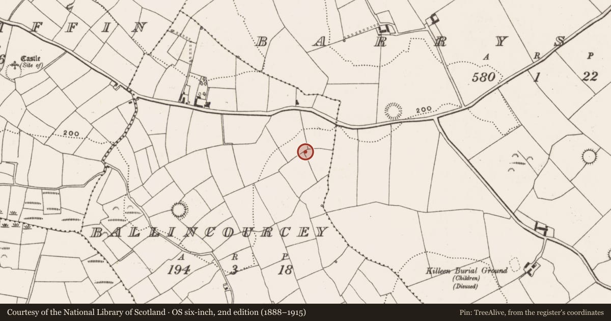 Ordnance Survey six-inch map, 2nd edition (1888–1915) covering the location of Ringfort - rath, Ballincourcey, County Cork, with a pin at the register's coordinates