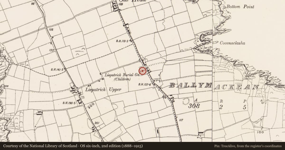 Ordnance Survey six-inch map, 2nd edition (1888–1915) covering the location of Burial ground, Lispatrick Upper, County Cork, with a pin at the register's coordinates