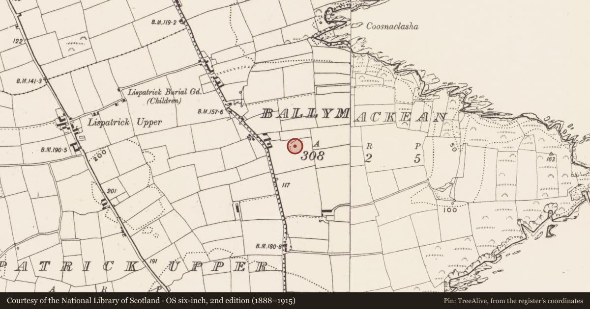 Ordnance Survey six-inch map, 2nd edition (1888–1915) covering the location of Souterrain, Ballymackean, County Cork, with a pin at the register's coordinates