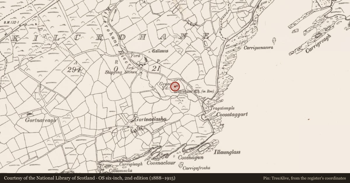 Ordnance Survey six-inch map, 2nd edition (1888–1915) covering the location of Graveyard, Kilcrohane, County Cork, with a pin at the register's coordinates