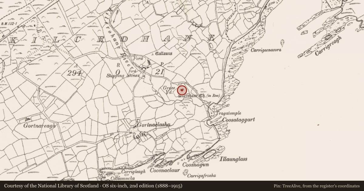 Ordnance Survey six-inch map, 2nd edition (1888–1915) covering the location of Church, Kilcrohane, County Cork, with a pin at the register's coordinates
