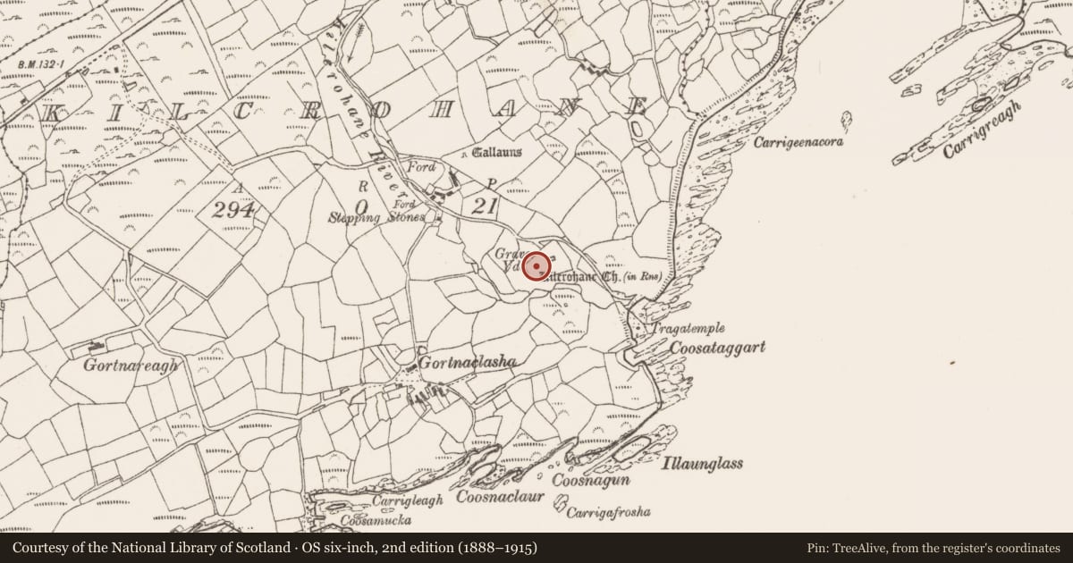 Ordnance Survey six-inch map, 2nd edition (1888–1915) covering the location of Souterrain, Kilcrohane, County Cork, with a pin at the register's coordinates