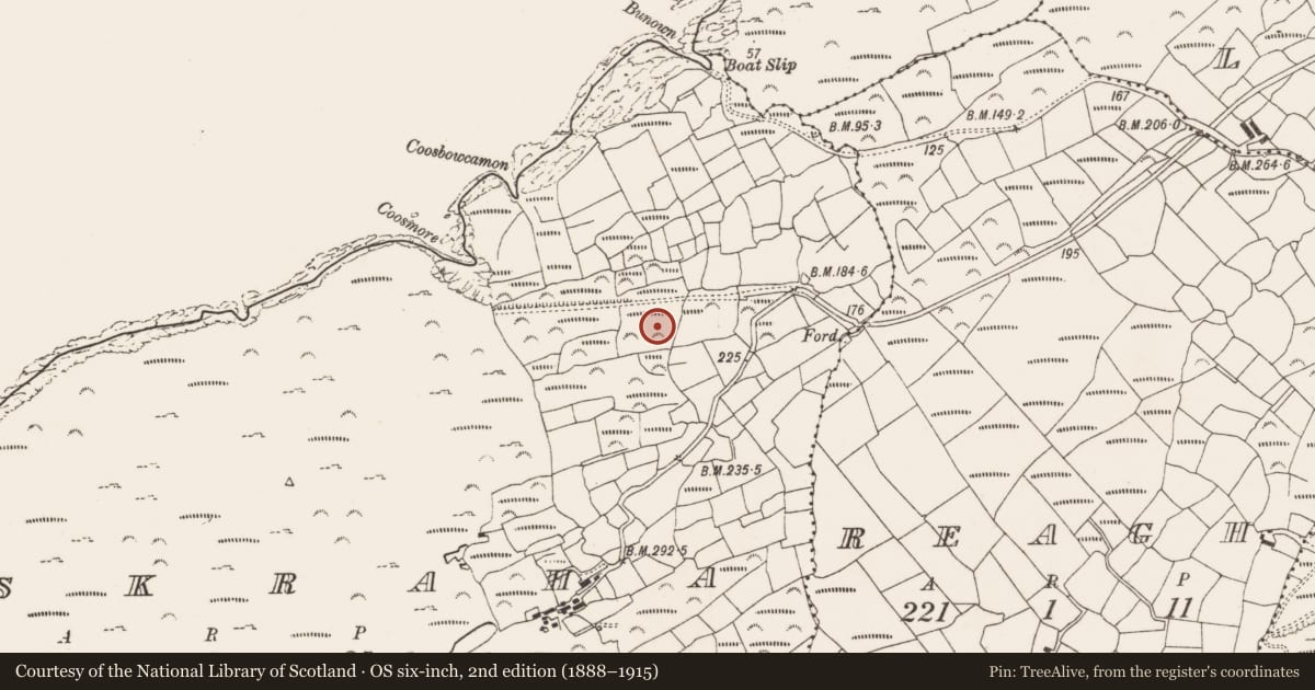 Ordnance Survey six-inch map, 2nd edition (1888–1915) covering the location of Enclosure, Eskraha, County Cork, with a pin at the register's coordinates