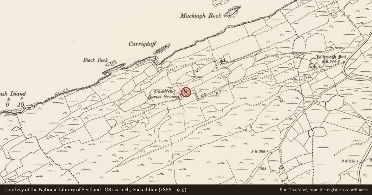 Ordnance Survey six-inch map, 2nd edition (1888–1915) covering the location of Habitation site, Kilcomane, County Cork, with a pin at the register's coordinates