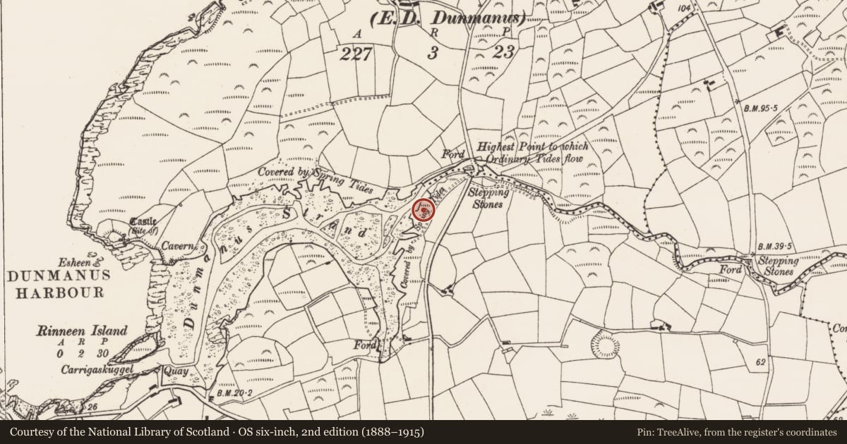 Ordnance Survey six-inch map, 2nd edition (1888–1915) covering the location of Enclosure, Dunmanus East, County Cork, with a pin at the register's coordinates