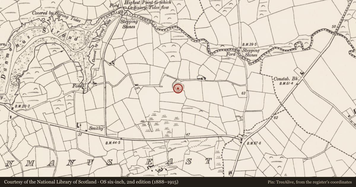 Ordnance Survey six-inch map, 2nd edition (1888–1915) covering the location of Ringfort - rath, Dunmanus East, County Cork, with a pin at the register's coordinates