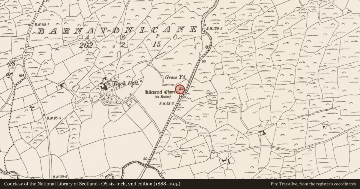Ordnance Survey six-inch map, 2nd edition (1888–1915) covering the location of Graveyard, Barnatonicane, County Cork, with a pin at the register's coordinates