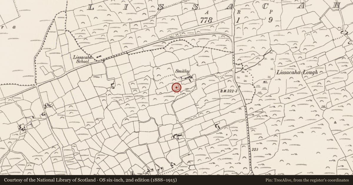 Ordnance Survey six-inch map, 2nd edition (1888–1915) covering the location of Burial ground, Arderrawinny, County Cork, with a pin at the register's coordinates
