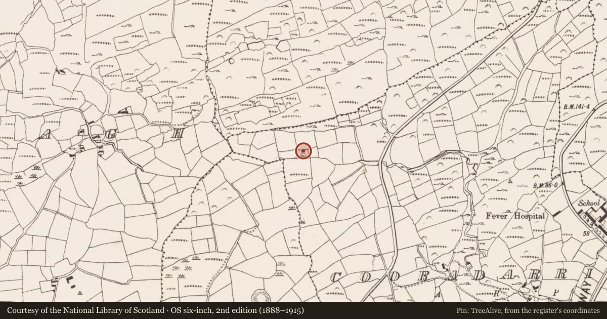 Ordnance Survey six-inch map, 2nd edition (1888–1915) covering the location of Ritual site - holy well, Cooradarrigan, County Cork, with a pin at the register's coordinates