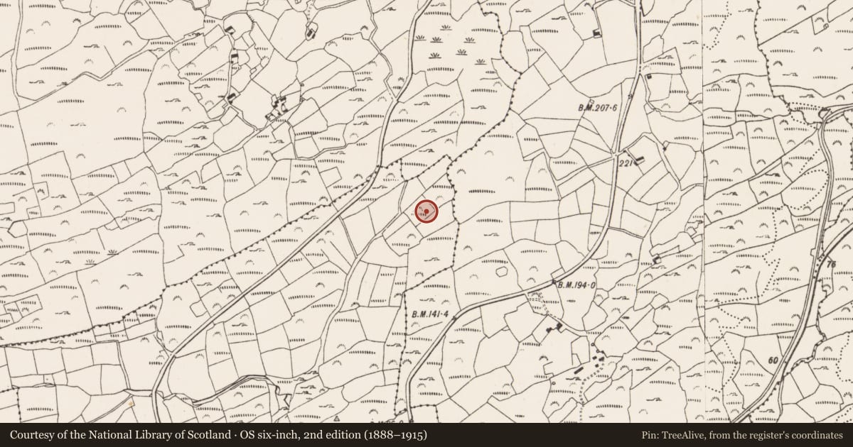 Ordnance Survey six-inch map, 2nd edition (1888–1915) covering the location of Boulder-burial, Cooradarrigan, County Cork, with a pin at the register's coordinates