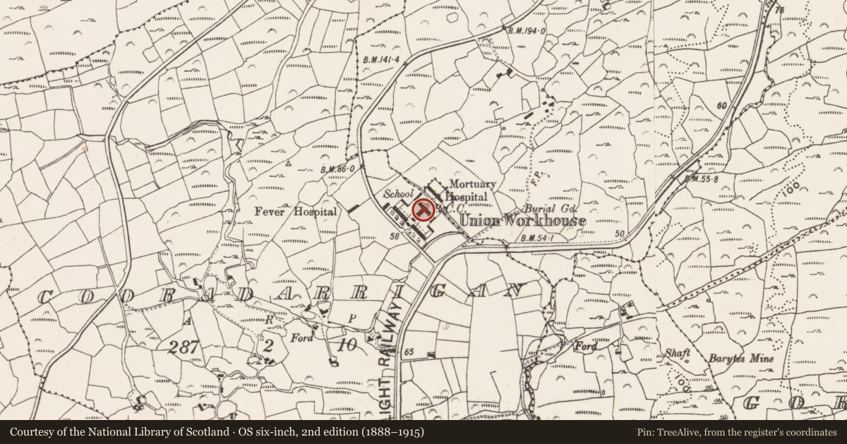 Ordnance Survey six-inch map, 2nd edition (1888–1915) covering the location of Workhouse, Cooradarrigan, County Cork, with a pin at the register's coordinates