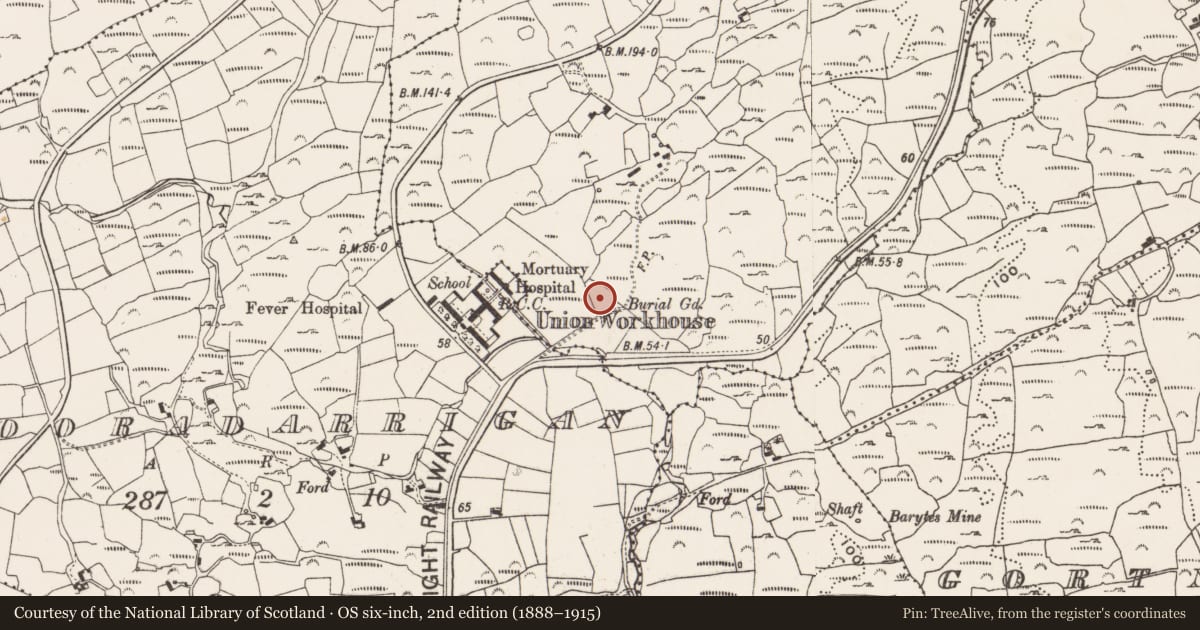 Ordnance Survey six-inch map, 2nd edition (1888–1915) covering the location of Graveyard, Rathcool, County Cork, with a pin at the register's coordinates
