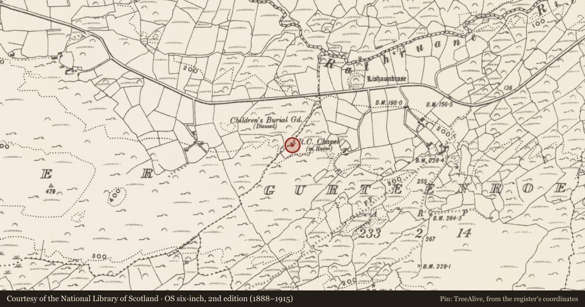 Ordnance Survey six-inch map, 2nd edition (1888–1915) covering the location of Church, Gurteenroe (Carbery West (W.D) By., Skull Par.), County Cork, with a pin at the register's coordinates