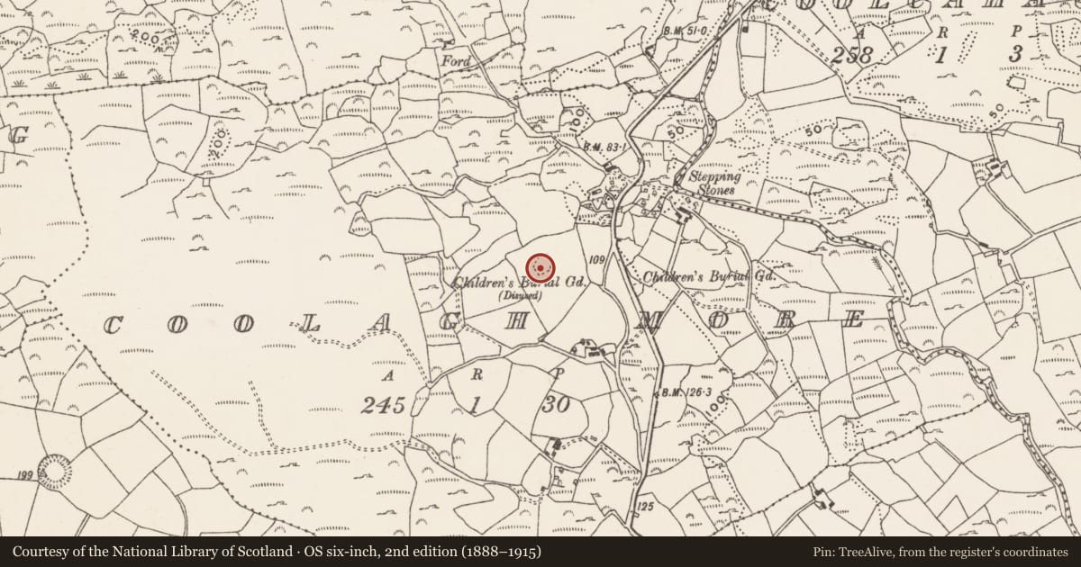 Ordnance Survey six-inch map, 2nd edition (1888–1915) covering the location of Burial ground, Coolagh More, County Cork, with a pin at the register's coordinates