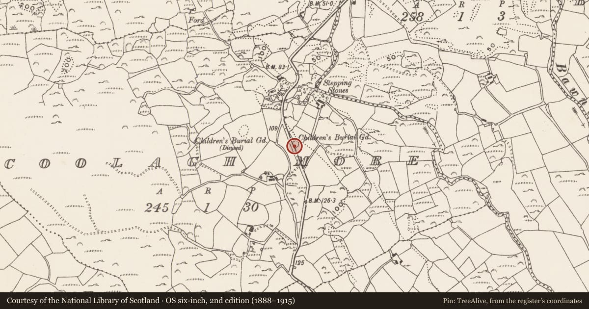 Ordnance Survey six-inch map, 2nd edition (1888–1915) covering the location of Burial ground, Coolagh More, County Cork, with a pin at the register's coordinates