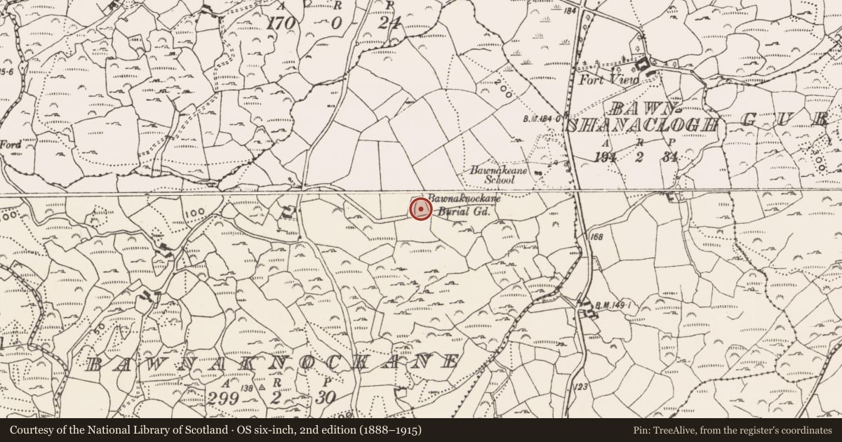 Ordnance Survey six-inch map, 2nd edition (1888–1915) covering the location of Graveyard, Bawnaknockane, County Cork, with a pin at the register's coordinates