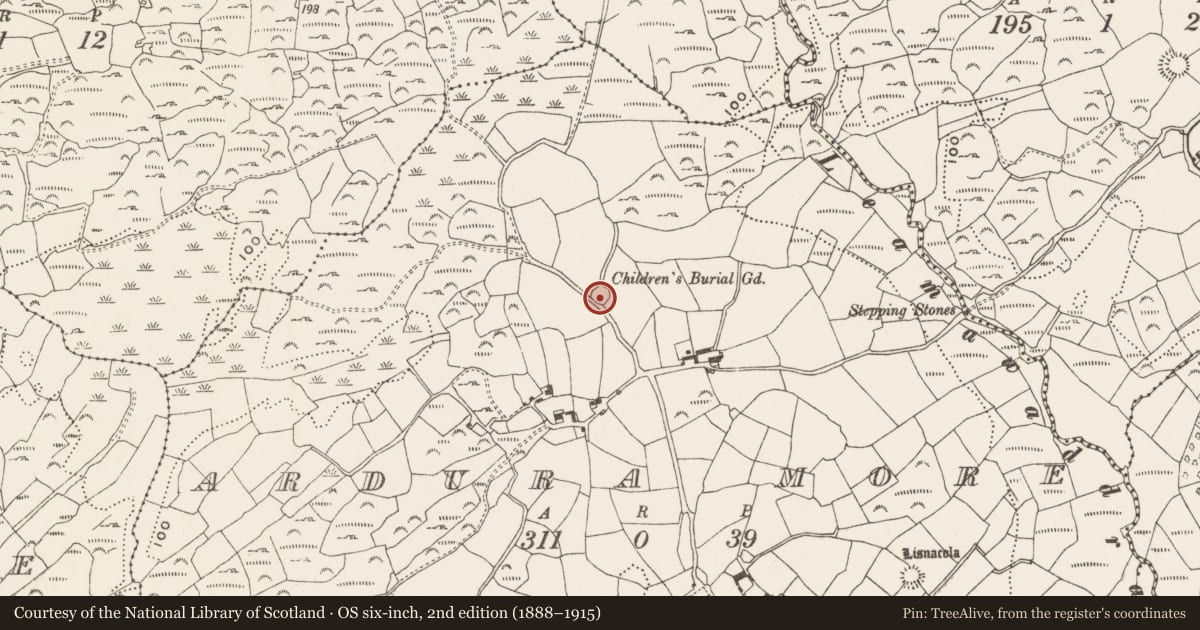 Ordnance Survey six-inch map, 2nd edition (1888–1915) covering the location of Burial ground, Ardura More, County Cork, with a pin at the register's coordinates