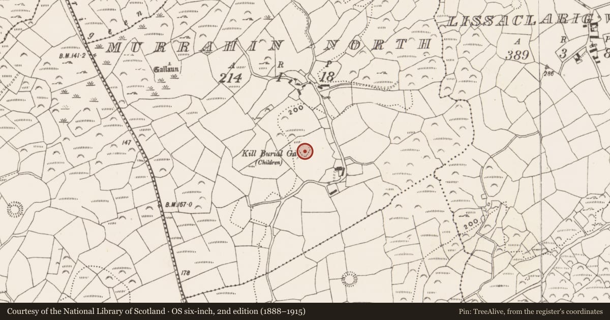 Ordnance Survey six-inch map, 2nd edition (1888–1915) covering the location of Burial ground, Murrahin North, County Cork, with a pin at the register's coordinates