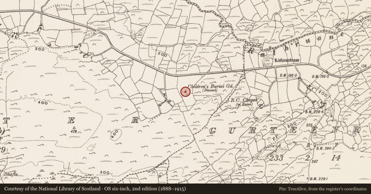 Ordnance Survey six-inch map, 2nd edition (1888–1915) covering the location of Burial ground, Letter (Carbery West (W.D) By., Skull Par.), County Cork, with a pin at the register's coordinates