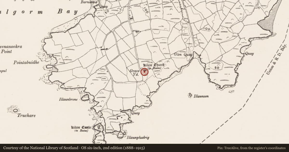 Ordnance Survey six-inch map, 2nd edition (1888–1915) covering the location of Graveyard, Kilcoe, County Cork, with a pin at the register's coordinates