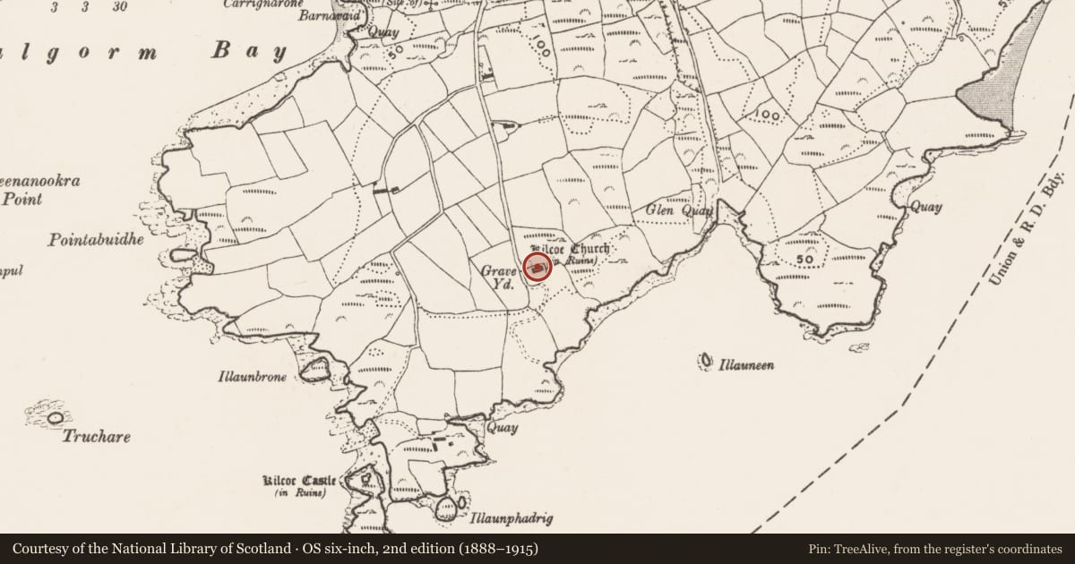 Ordnance Survey six-inch map, 2nd edition (1888–1915) covering the location of Church, Kilcoe, County Cork, with a pin at the register's coordinates