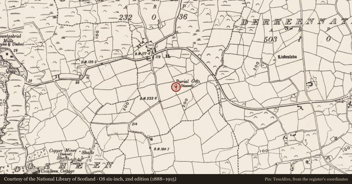 Ordnance Survey six-inch map, 2nd edition (1888–1915) covering the location of Burial ground, Gortnamona, County Cork, with a pin at the register's coordinates