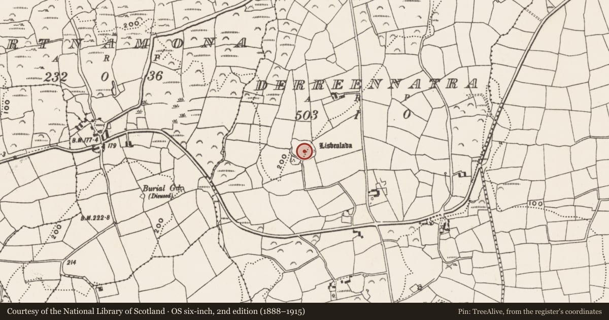 Ordnance Survey six-inch map, 2nd edition (1888–1915) covering the location of Enclosure, Derreennatra, County Cork, with a pin at the register's coordinates