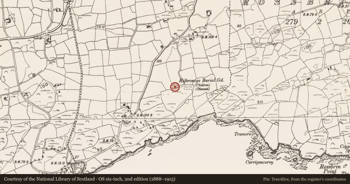 Ordnance Survey six-inch map, 2nd edition (1888–1915) covering the location of Ecclesiastical enclosure, Kilbronoge, County Cork, with a pin at the register's coordinates