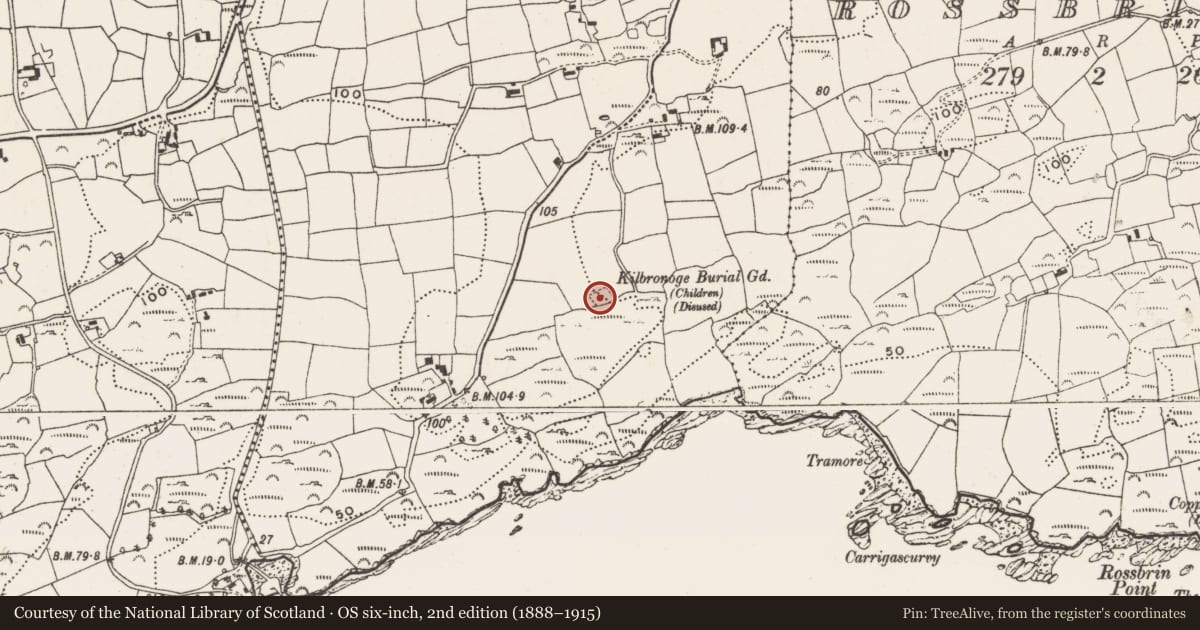 Ordnance Survey six-inch map, 2nd edition (1888–1915) covering the location of Structure, Kilbronoge, County Cork, with a pin at the register's coordinates