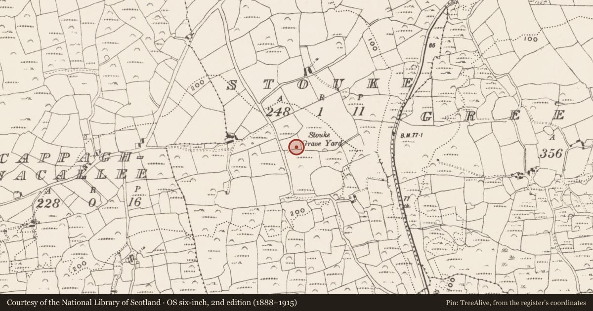 Ordnance Survey six-inch map, 2nd edition (1888–1915) covering the location of Bullaun stone, Stouke, County Cork, with a pin at the register's coordinates