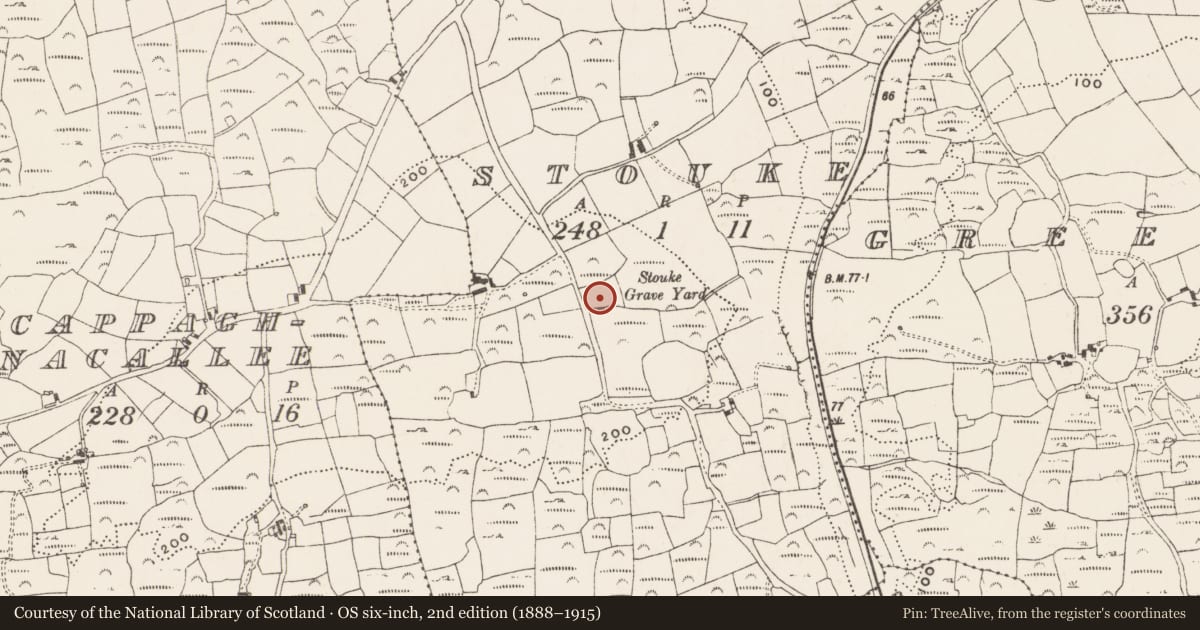Ordnance Survey six-inch map, 2nd edition (1888–1915) covering the location of Church, Stouke, County Cork, with a pin at the register's coordinates