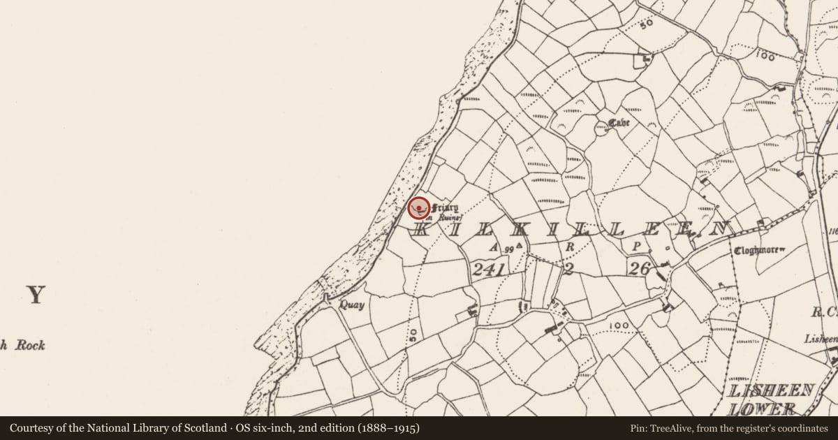 Ordnance Survey six-inch map, 2nd edition (1888–1915) covering the location of Church, Kilkilleen, County Cork, with a pin at the register's coordinates