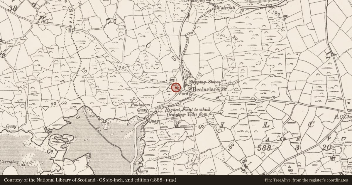 Ordnance Survey six-inch map, 2nd edition (1888–1915) covering the location of Mass-rock, Ardura Beg, County Cork, with a pin at the register's coordinates