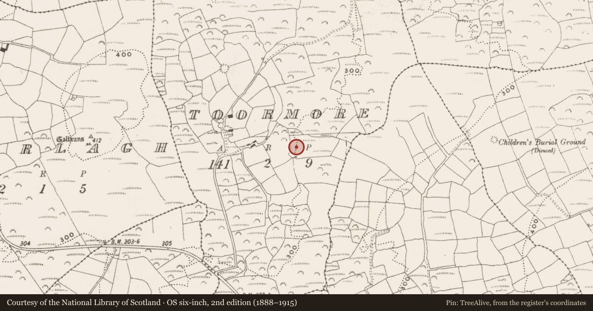 Ordnance Survey six-inch map, 2nd edition (1888–1915) covering the location of Fulacht fia, Toormore, County Cork, with a pin at the register's coordinates