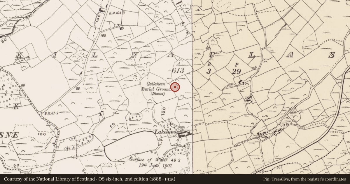 Ordnance Survey six-inch map, 2nd edition (1888–1915) covering the location of Burial ground, Kilnaclasha, County Cork, with a pin at the register's coordinates