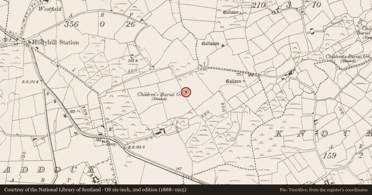 Ordnance Survey six-inch map, 2nd edition (1888–1915) covering the location of Burial ground, Hollyhill, County Cork, with a pin at the register's coordinates
