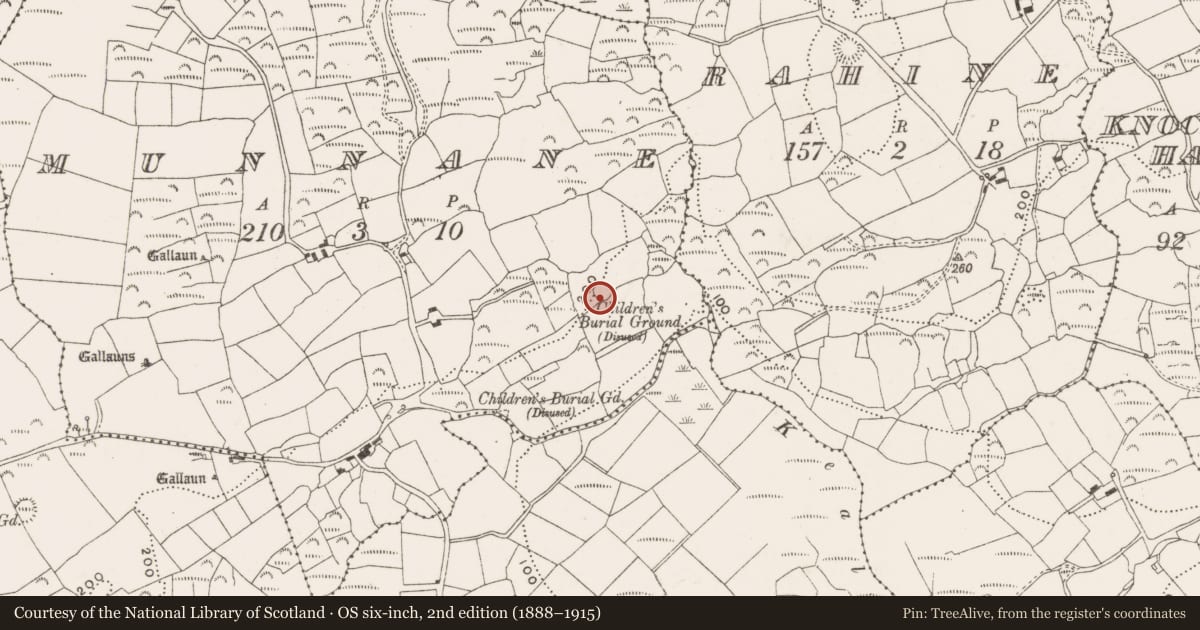 Ordnance Survey six-inch map, 2nd edition (1888–1915) covering the location of Burial ground, Munnane, County Cork, with a pin at the register's coordinates