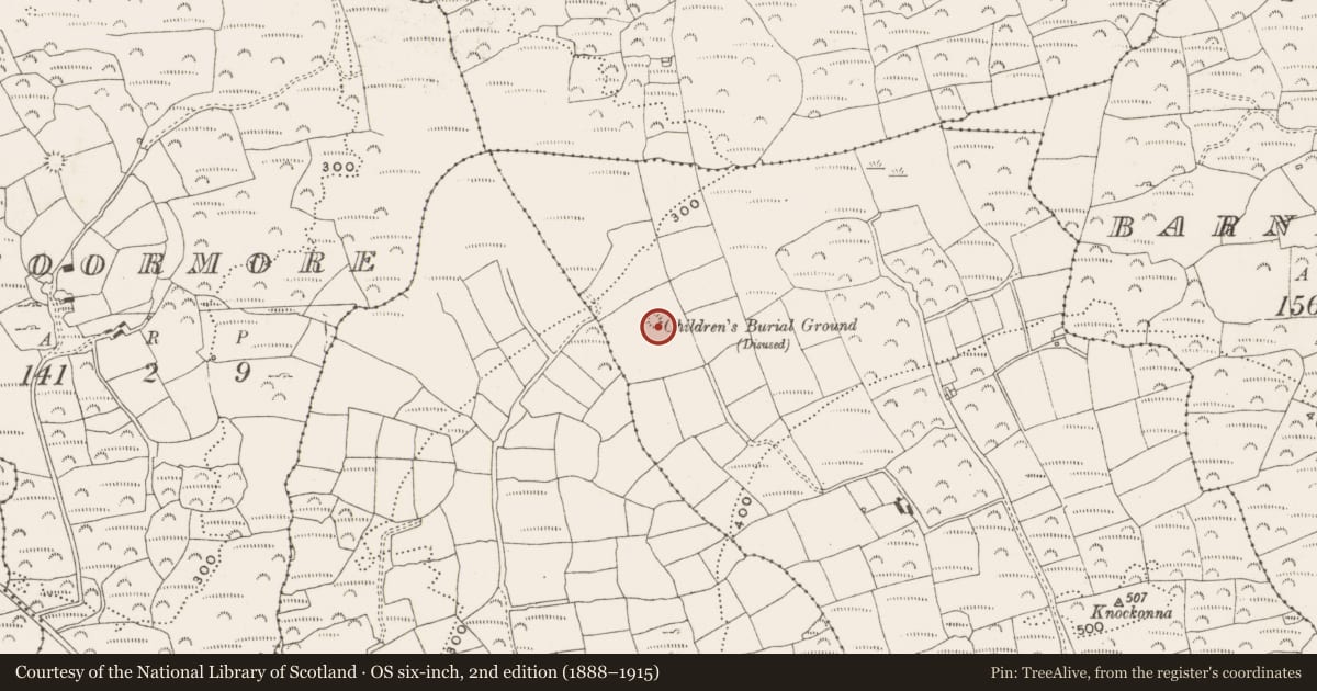 Ordnance Survey six-inch map, 2nd edition (1888–1915) covering the location of Burial ground, Mohanagh, County Cork, with a pin at the register's coordinates