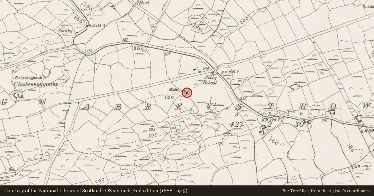 Ordnance Survey six-inch map, 2nd edition (1888–1915) covering the location of Souterrain, Abbeystrowry, County Cork, with a pin at the register's coordinates
