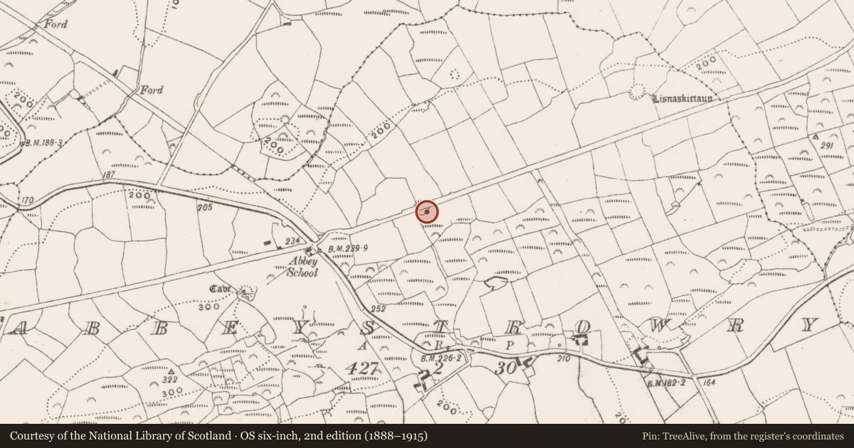 Ordnance Survey six-inch map, 2nd edition (1888–1915) covering the location of Enclosure, Abbeystrowry, County Cork, with a pin at the register's coordinates